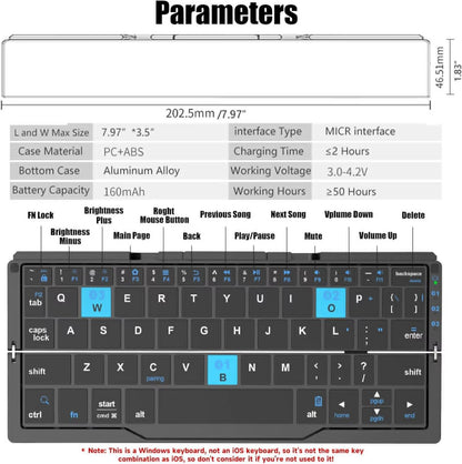 Black Pocket Foldable Mobile Phone Keyboard with Stand Holder Rechargeable Folding Keyboard for Phones Ipad